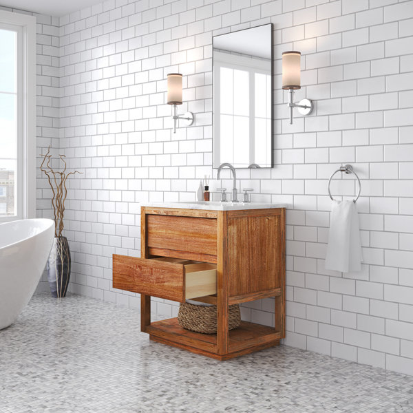 Birch Lane™ Tessa 30 In. Mango Wood Carrara White Marble Countertop Bath Vanity with Chrome ...